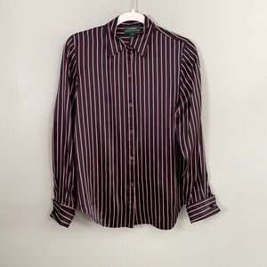 Lauren Ralph Lauren Silk Blouse French Cuff Button Up Striped Womens Small Black